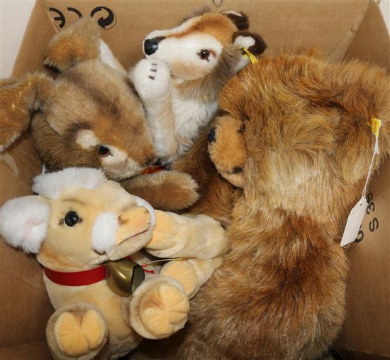 A Steiff Jolly Hase rabbit glove puppet and three other Steiff animals,